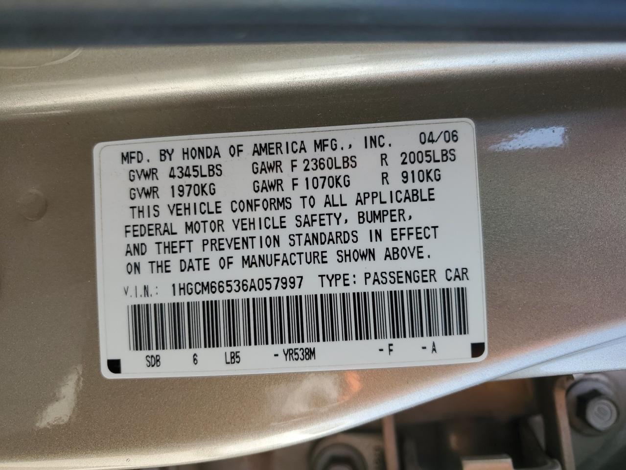 2006 Honda Accord Ex VIN: 1HGCM66536A057997 Lot: 85307365