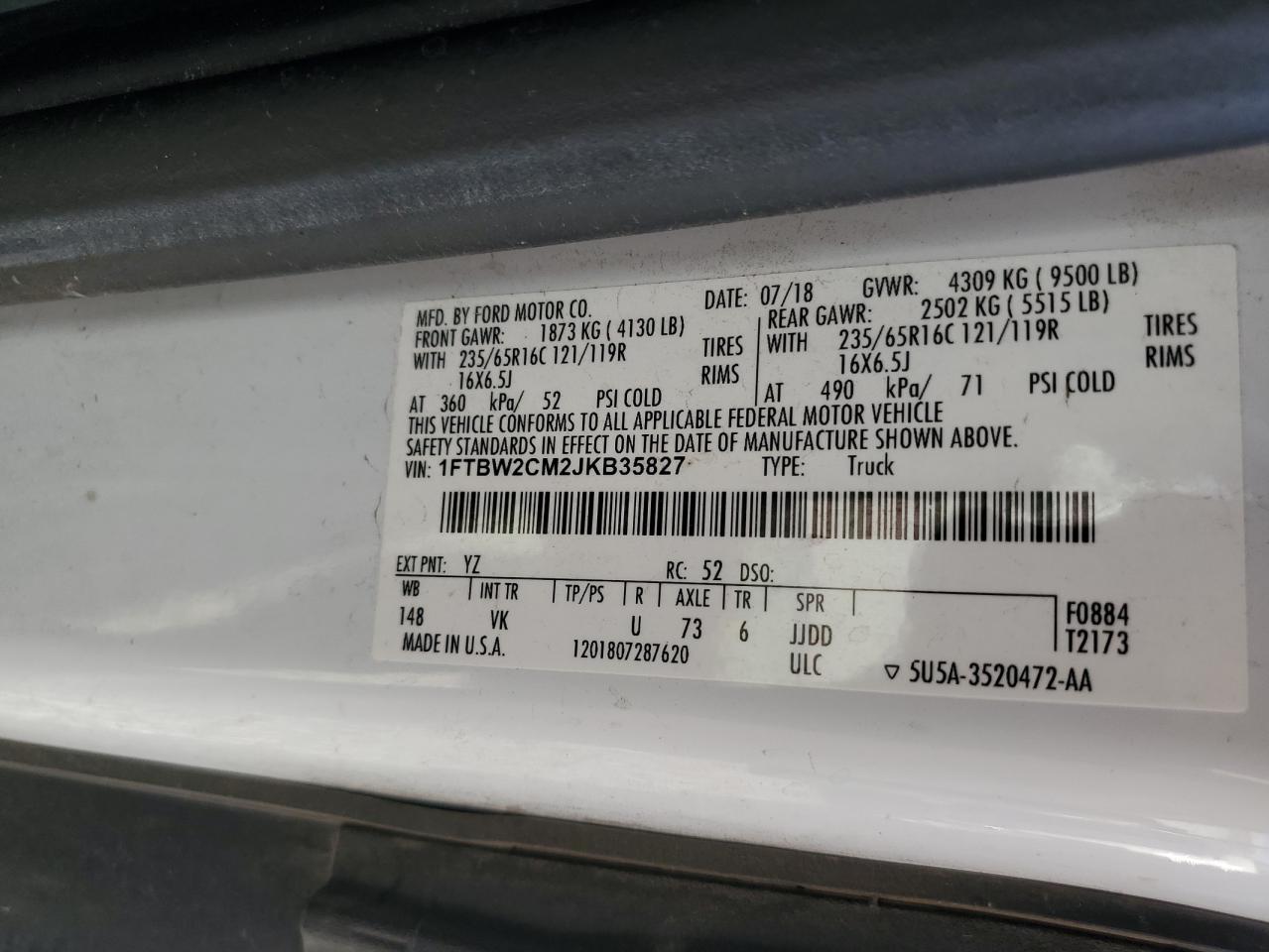 2018 Ford Transit T-350 VIN: 1FTBW2CM2JKB35827 Lot: 85709595