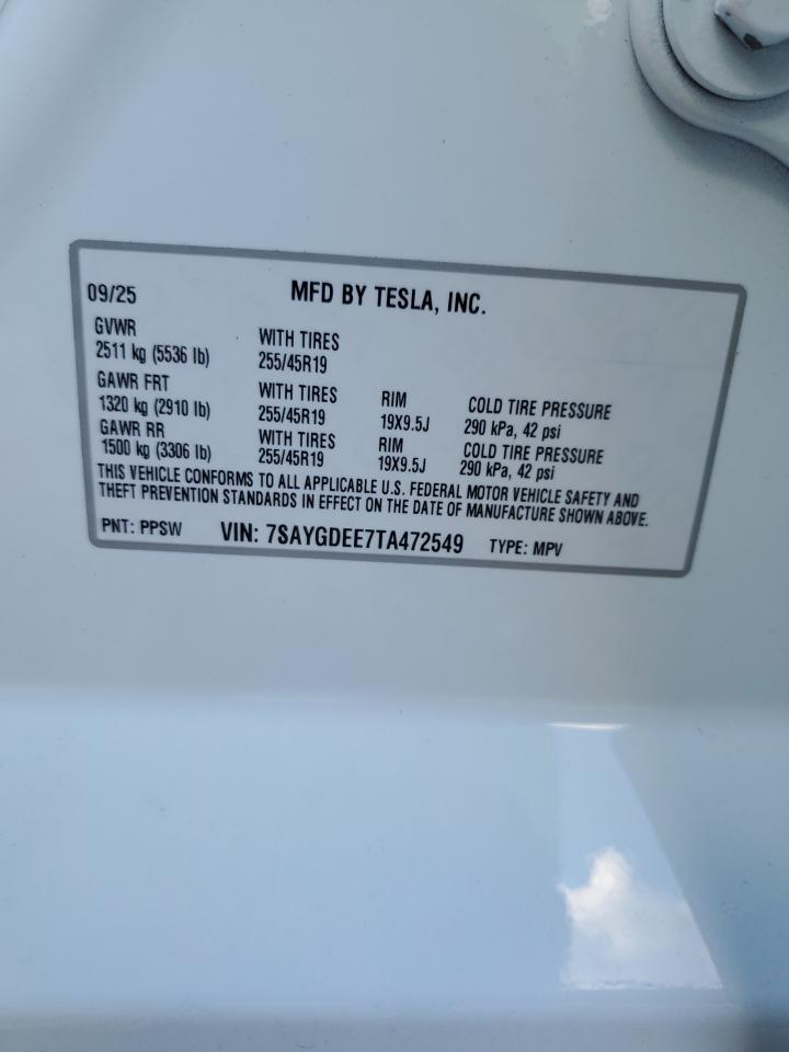 2026 Tesla Model Y VIN: 7SAYGDEE7TA472549 Lot: 86873135