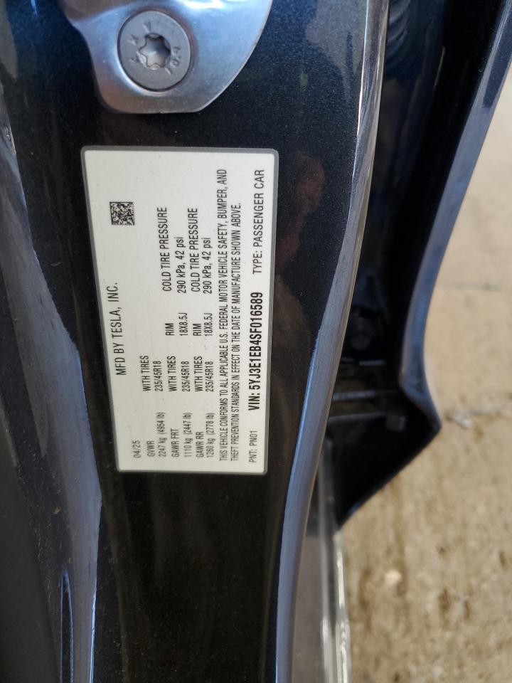 2025 Tesla Model 3 VIN: 5YJ3E1EB4SF016589 Lot: 86481365