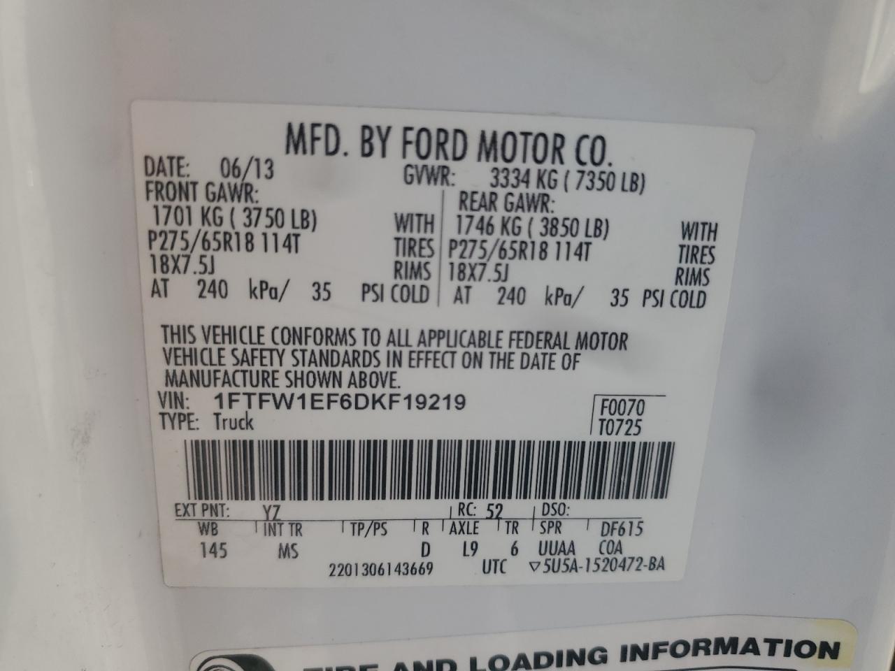 2013 Ford F150 Supercrew VIN: 1FTFW1EF6DKF19219 Lot: 86888585