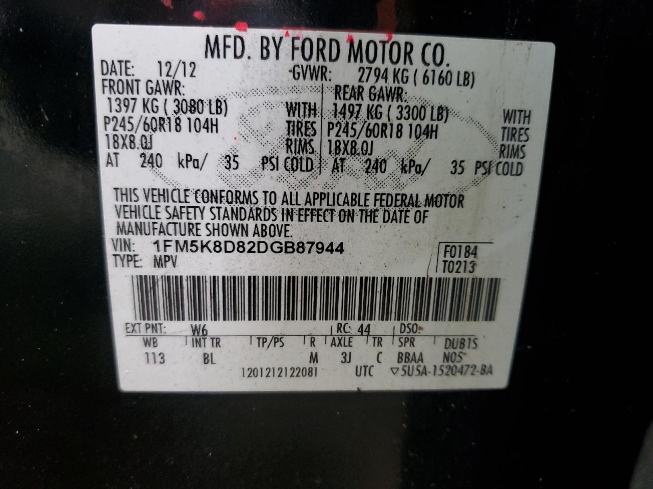 2013 Ford Explorer Xlt VIN: 1FM5K8D82DGB87944 Lot: 85571195