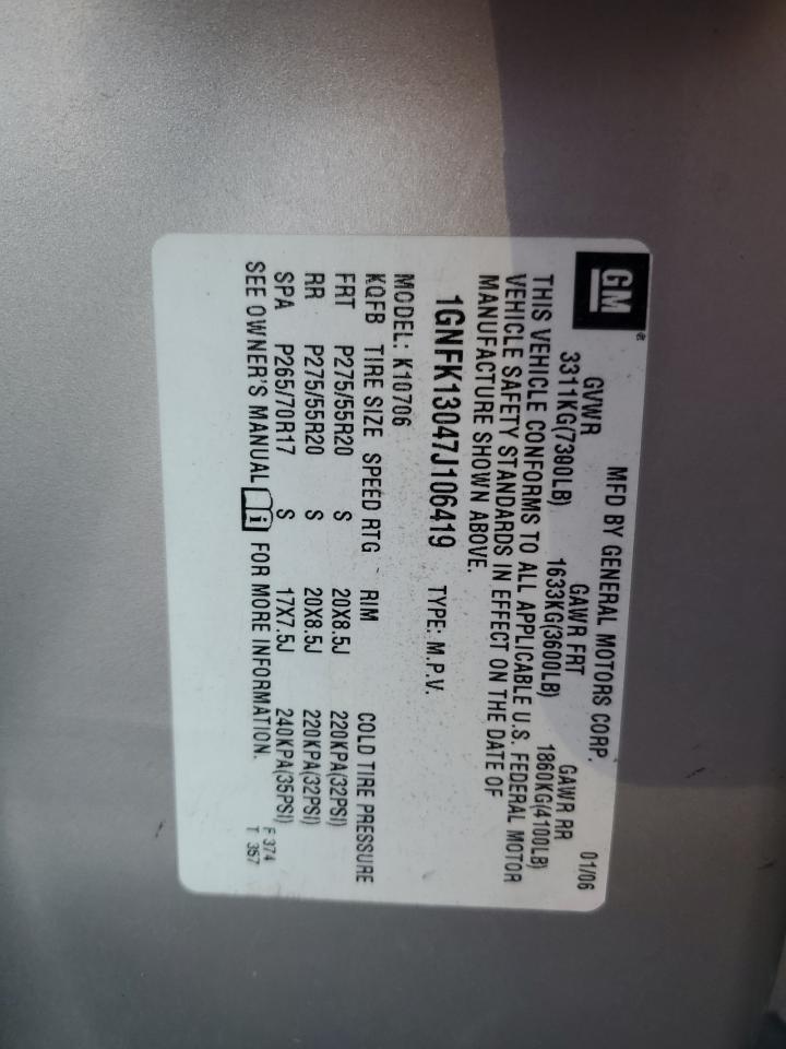 2007 Chevrolet Tahoe K1500 VIN: 1GNFK13047J106419 Lot: 82287495