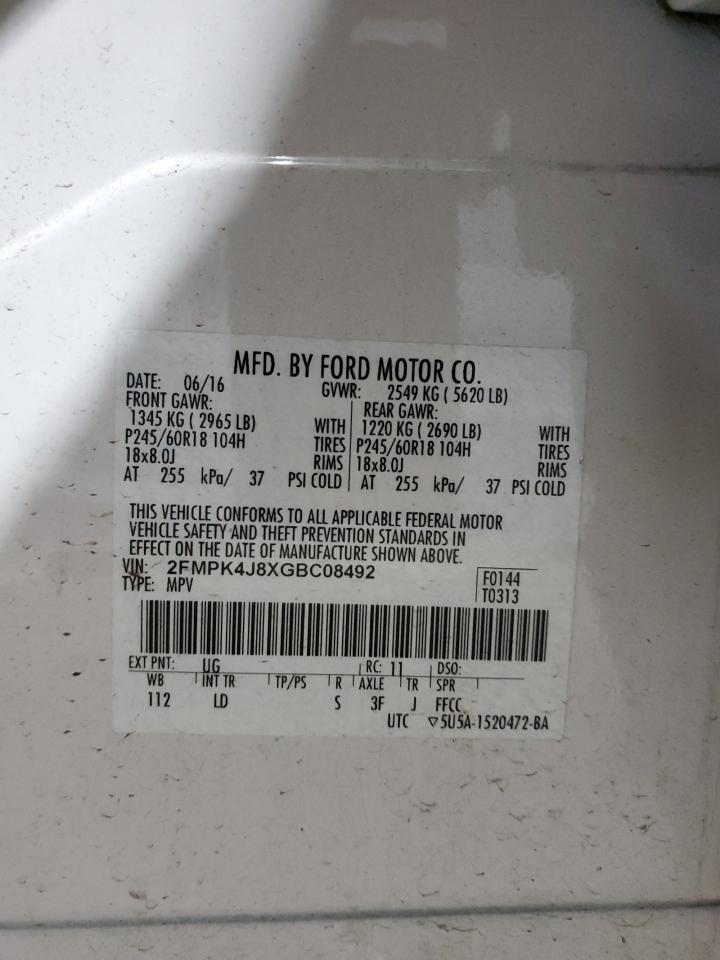 2016 Ford Edge Sel VIN: 2FMPK4J8XGBC08492 Lot: 90402675