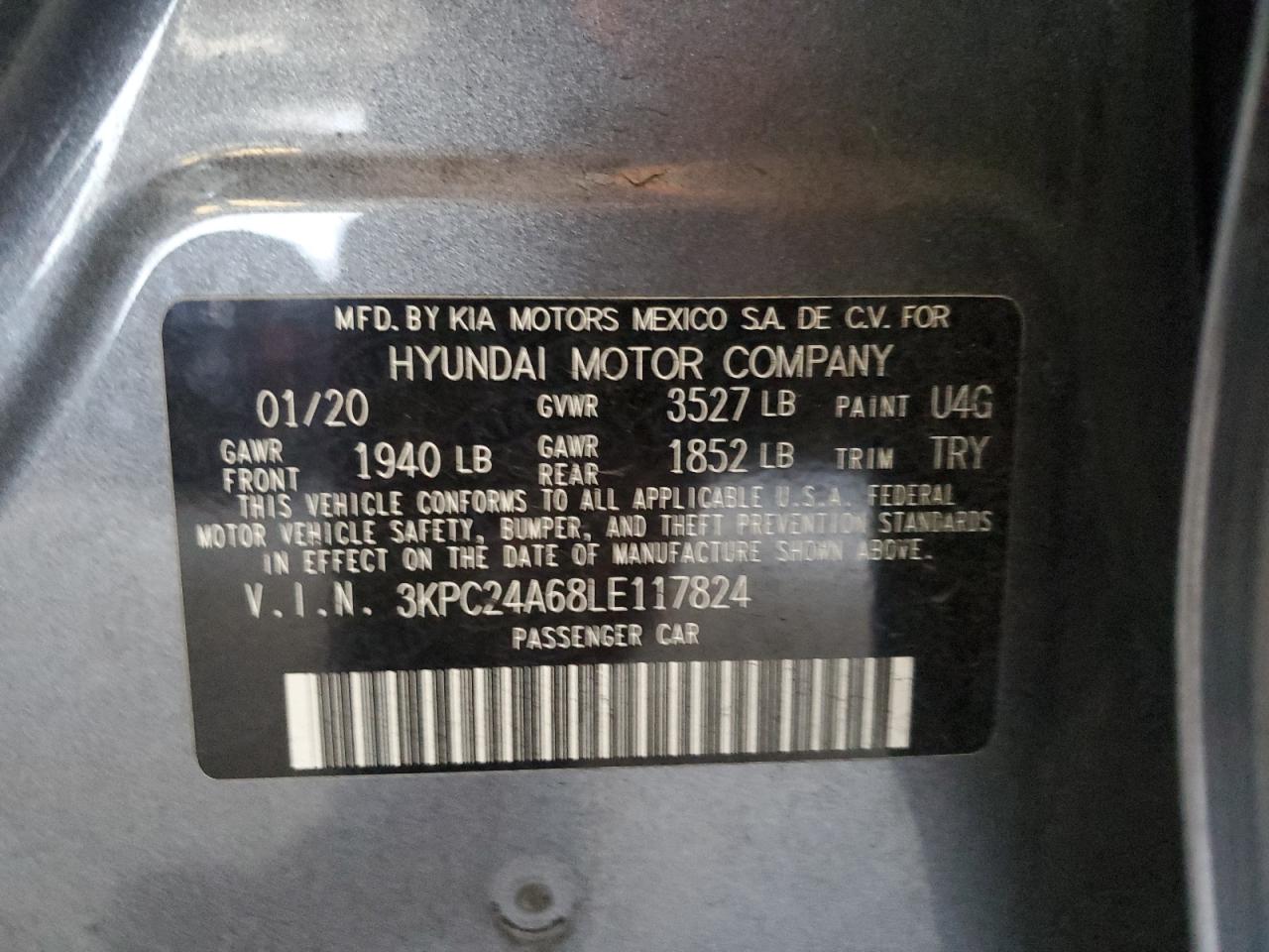 2020 Hyundai Accent Se VIN: 3KPC24A68LE117824 Lot: 85910095