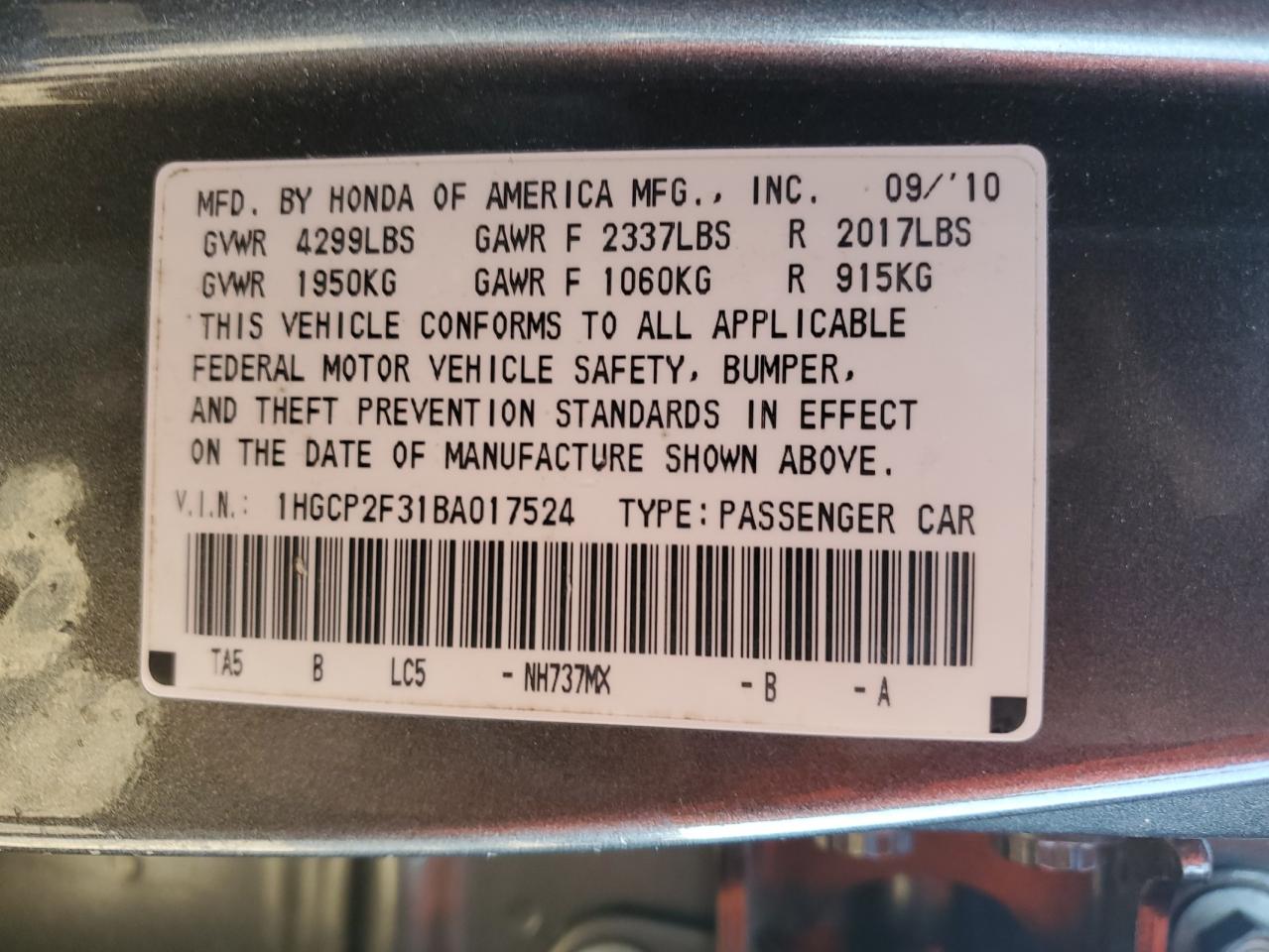 2011 Honda Accord Lx VIN: 1HGCP2F31BA017524 Lot: 82326865