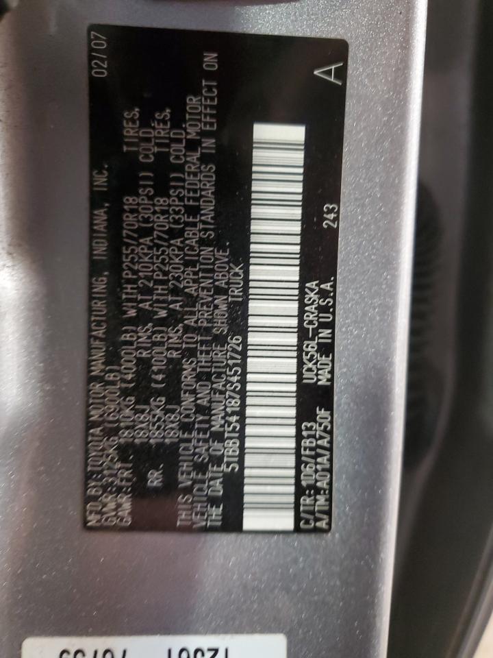 2007 Toyota Tundra Double Cab Sr5 VIN: 5TBBT54187S451726 Lot: 85261105