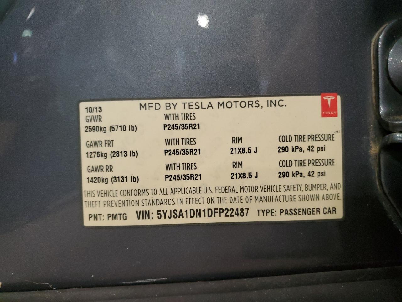 2013 Tesla Model S VIN: 5YJSA1DN1DFP22487 Lot: 82424785