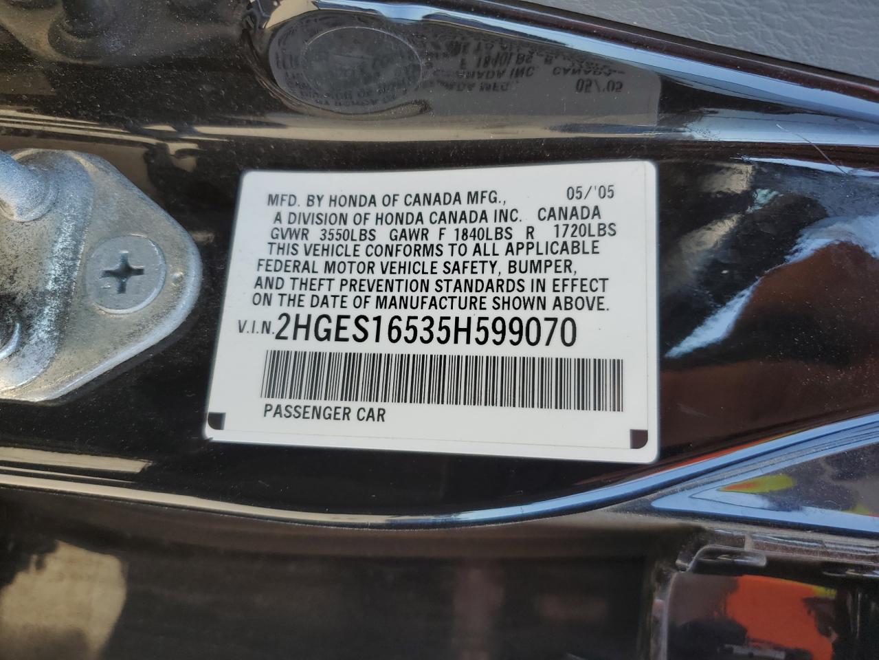 2005 Honda Civic Lx VIN: 2HGES16535H599070 Lot: 82243055