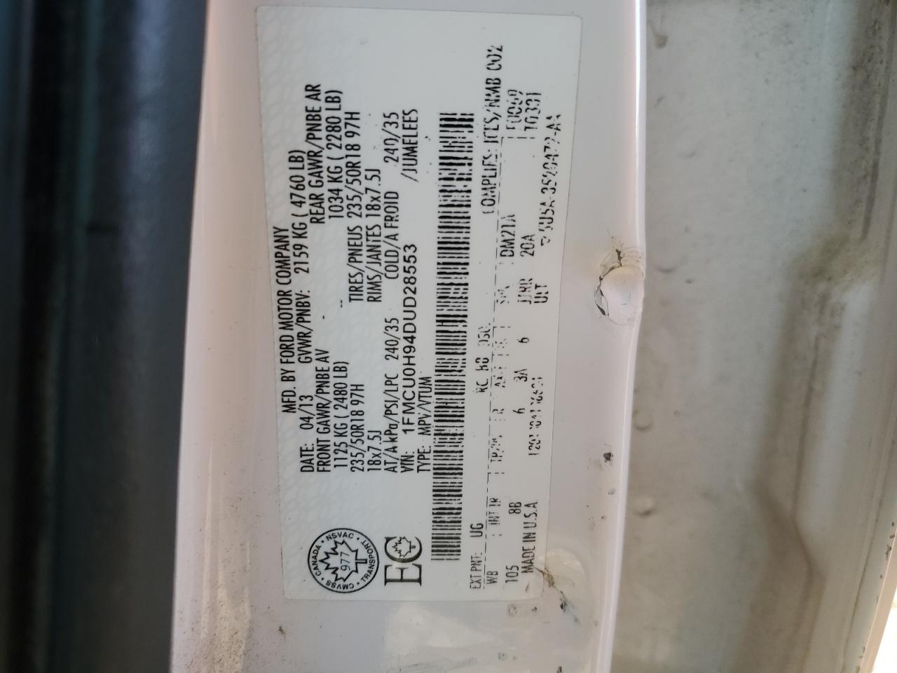 2013 Ford Escape Sel VIN: 1FMCU0H94DUD28553 Lot: 86160875