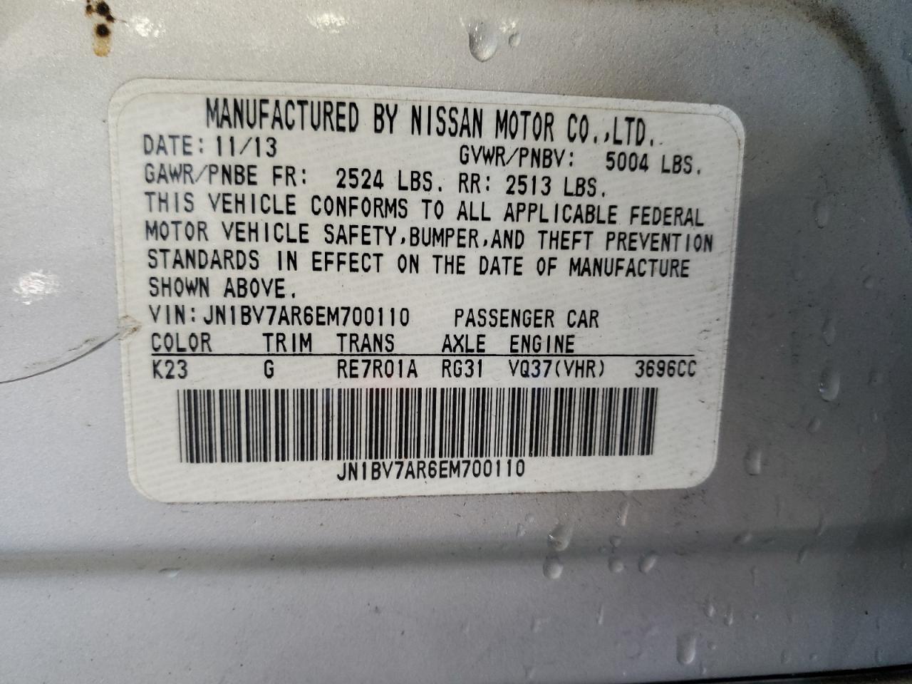 2014 Infiniti Q50 Base VIN: JN1BV7AR6EM700110 Lot: 85904125