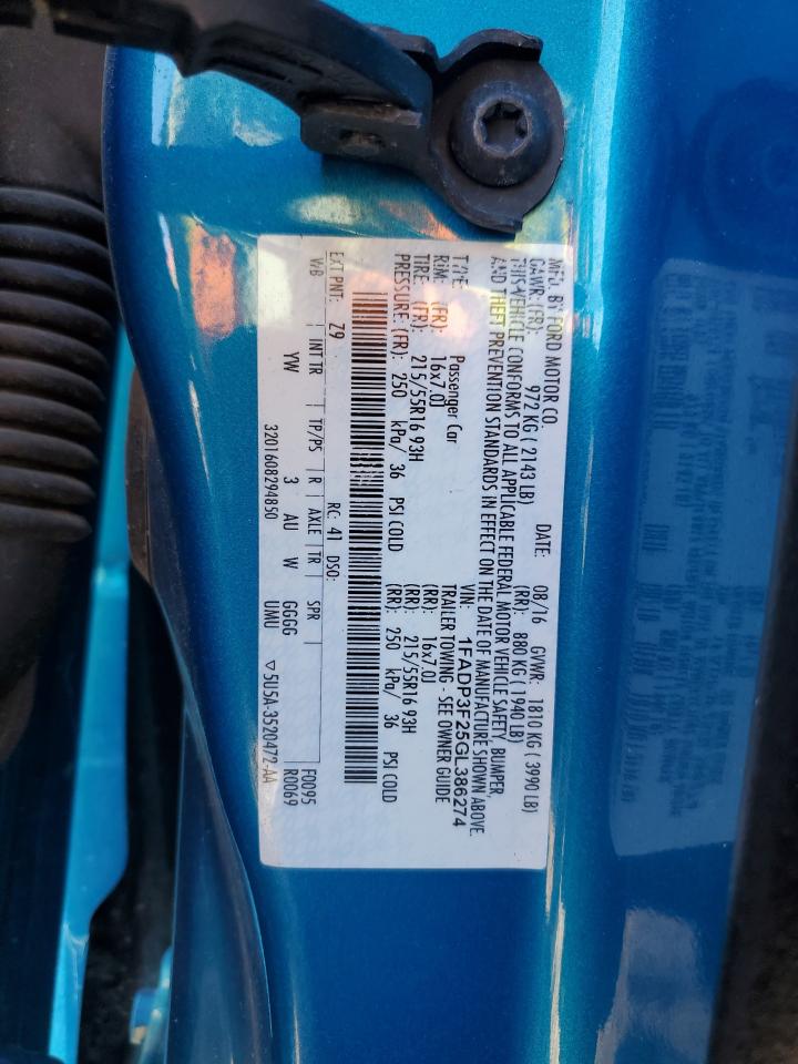 2016 Ford Focus Se VIN: 1FADP3F25GL386274 Lot: 87082335