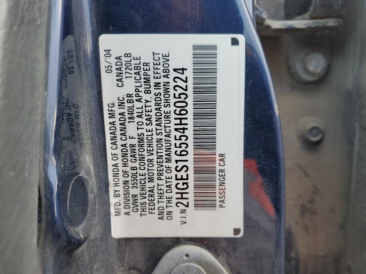 2004 Honda Civic Lx VIN: 2HGES16554H605224 Lot: 82328765