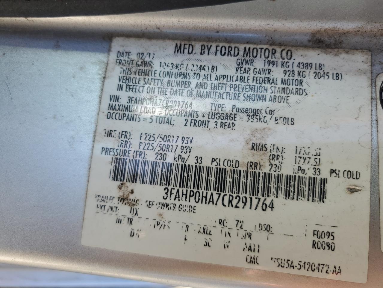 2012 Ford Fusion Se VIN: 3FAHP0HA7CR291764 Lot: 90052675