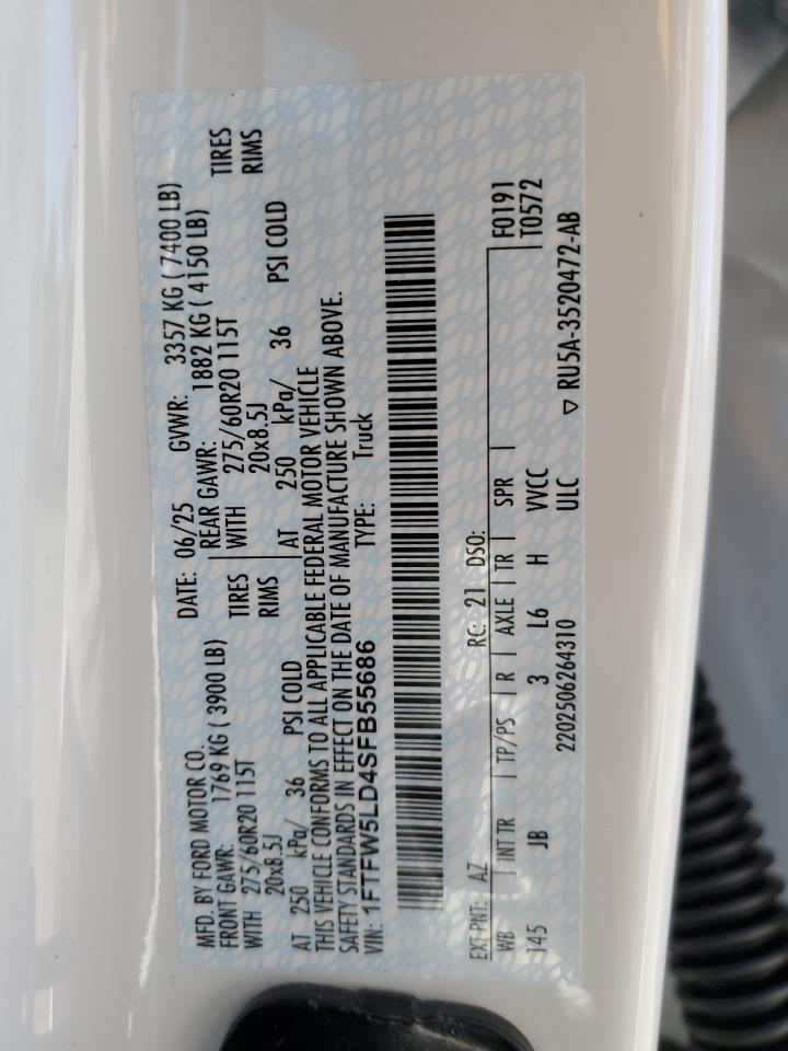 2025 Ford F150 Lariat VIN: 1FTFW5LD4SFB55686 Lot: 86813745