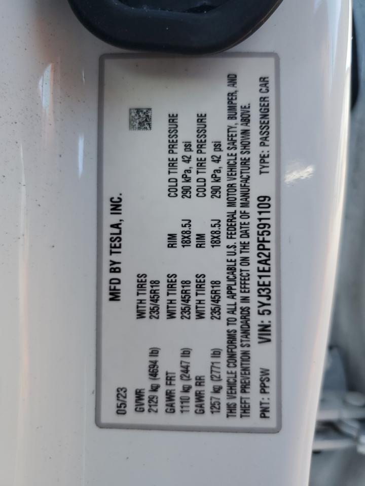 2023 Tesla Model 3 VIN: 5YJ3E1EA2PF591109 Lot: 82336315