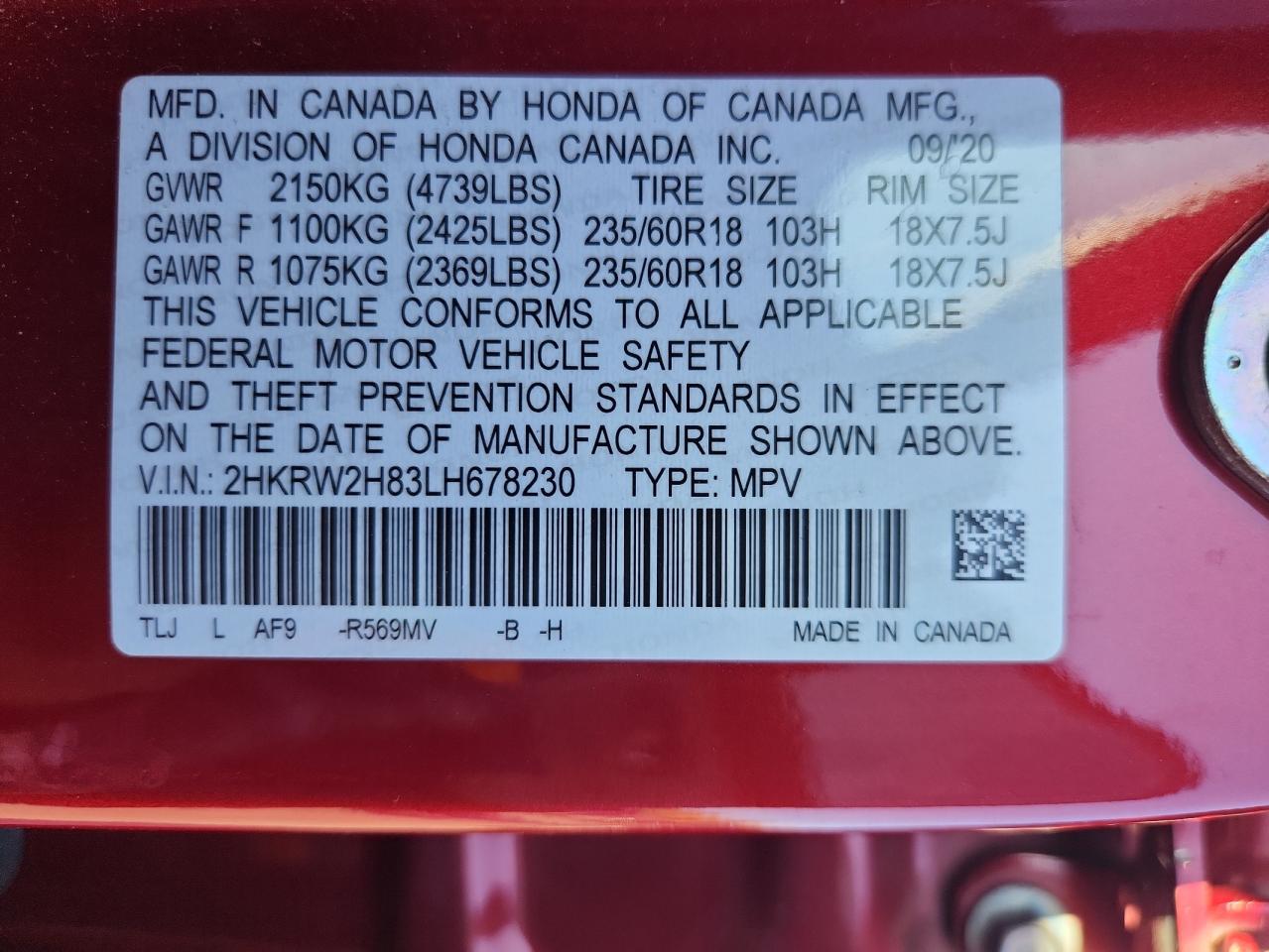 2020 Honda Cr-V Exl VIN: 2HKRW2H83LH678230 Lot: 87052775