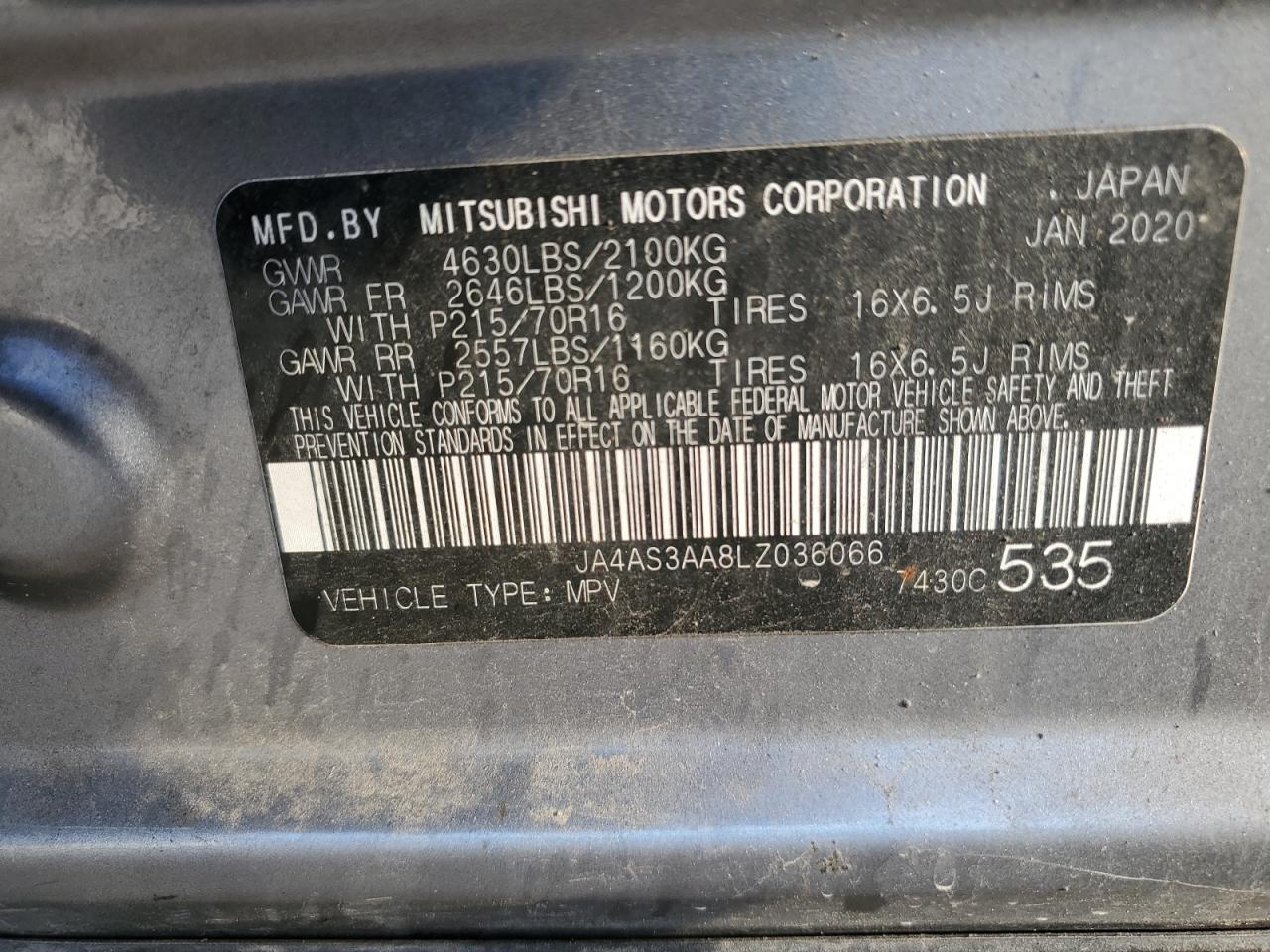 2020 Mitsubishi Eclipse Cross Es VIN: JA4AS3AA8LZ036066 Lot: 82663945