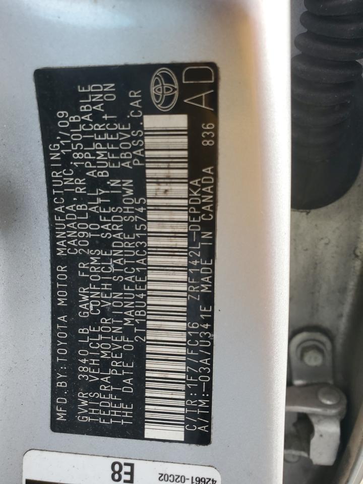 2010 Toyota Corolla Base VIN: 2T1BU4EE1AC315745 Lot: 82312905