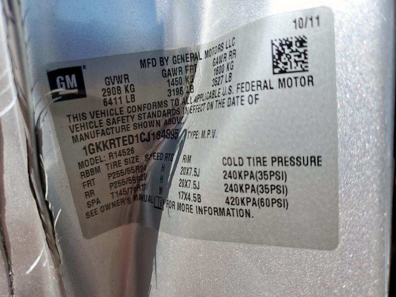 2012 GMC Acadia Denali VIN: 1GKKRTED1CJ184895 Lot: 84452955