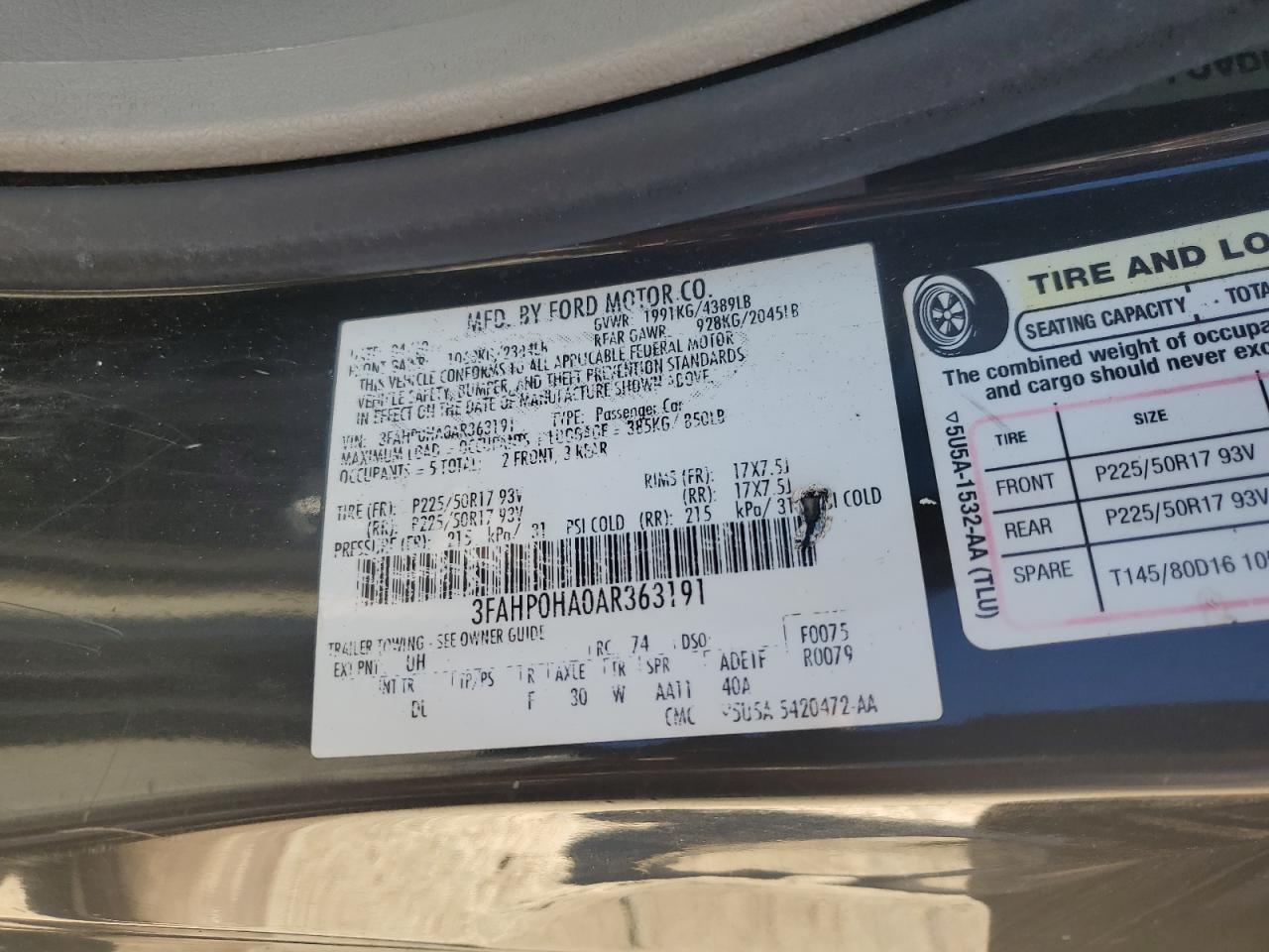 2010 Ford Fusion Se VIN: 3FAHP0HA0AR363191 Lot: 85948695