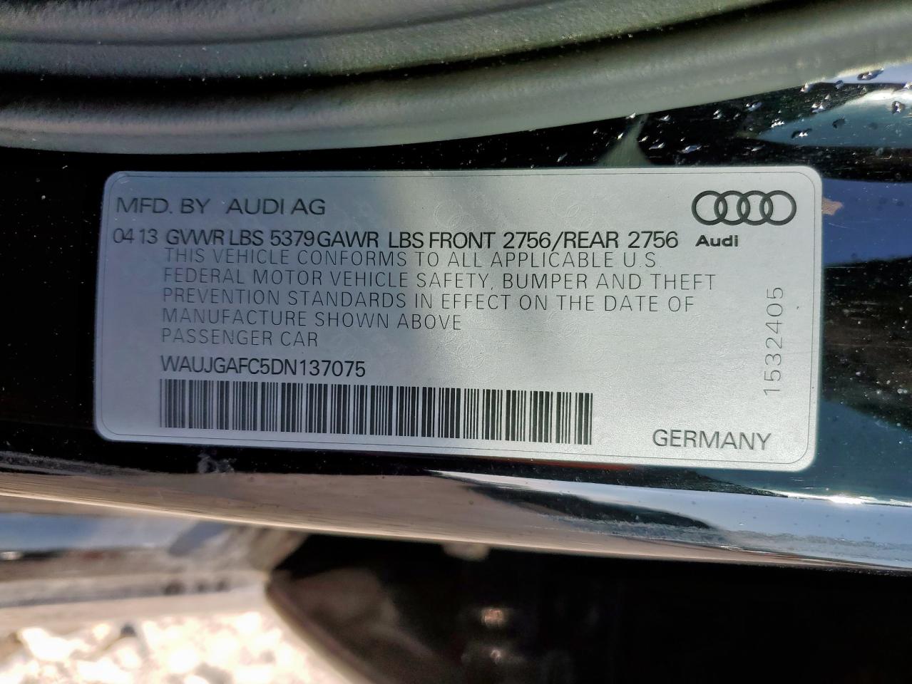 2013 Audi A6 Prestige VIN: WAUJGAFC5DN137075 Lot: 85325365