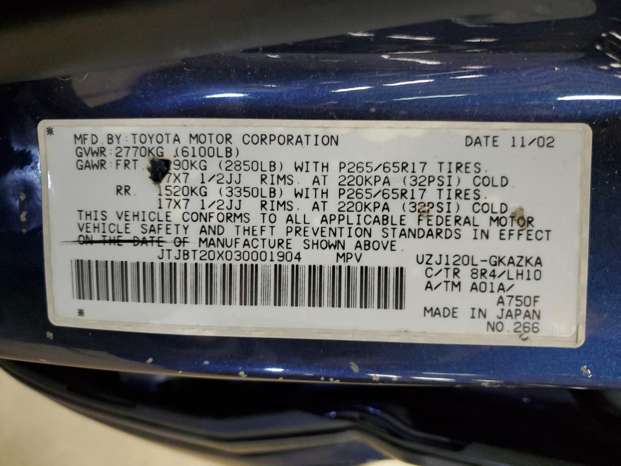 2003 Lexus Gx 470 VIN: JTJBT20X030001904 Lot: 90775405