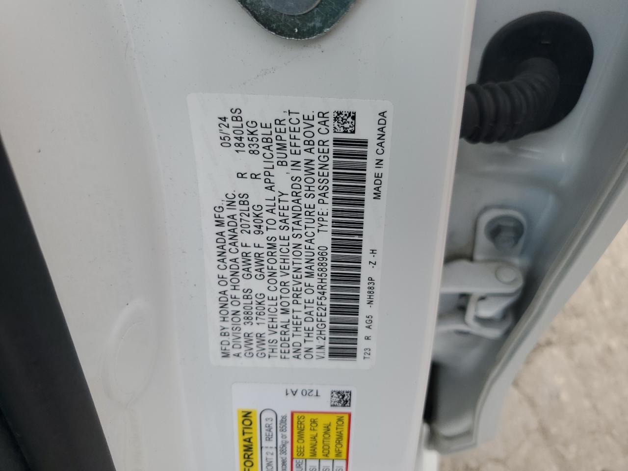 2024 Honda Civic Sport VIN: 2HGFE2F54RH588960 Lot: 82370205