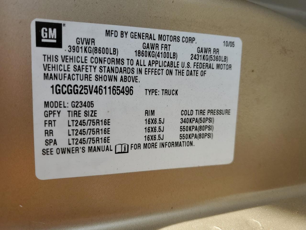 2006 Chevrolet Express G2500 VIN: 1GCGG25V461165496 Lot: 84552425