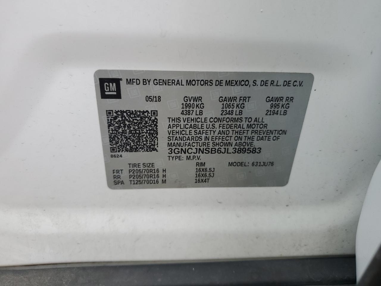 2018 Chevrolet Trax Ls VIN: 3GNCJNSB6JL389583 Lot: 89544015