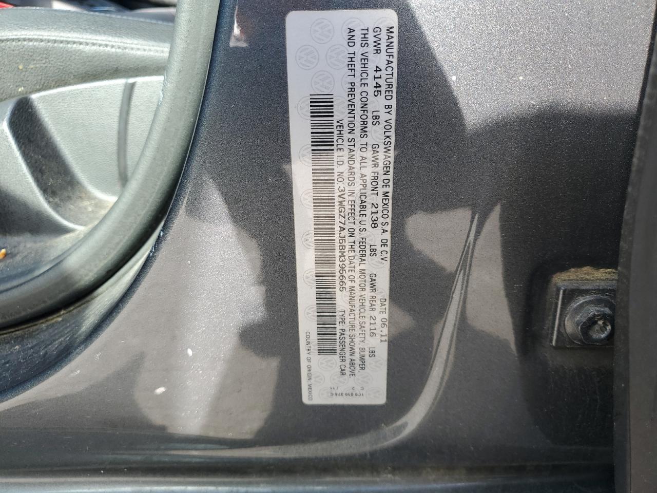 2011 Volkswagen Jetta Sel VIN: 3VWGZ7AJ5BM395665 Lot: 81951635