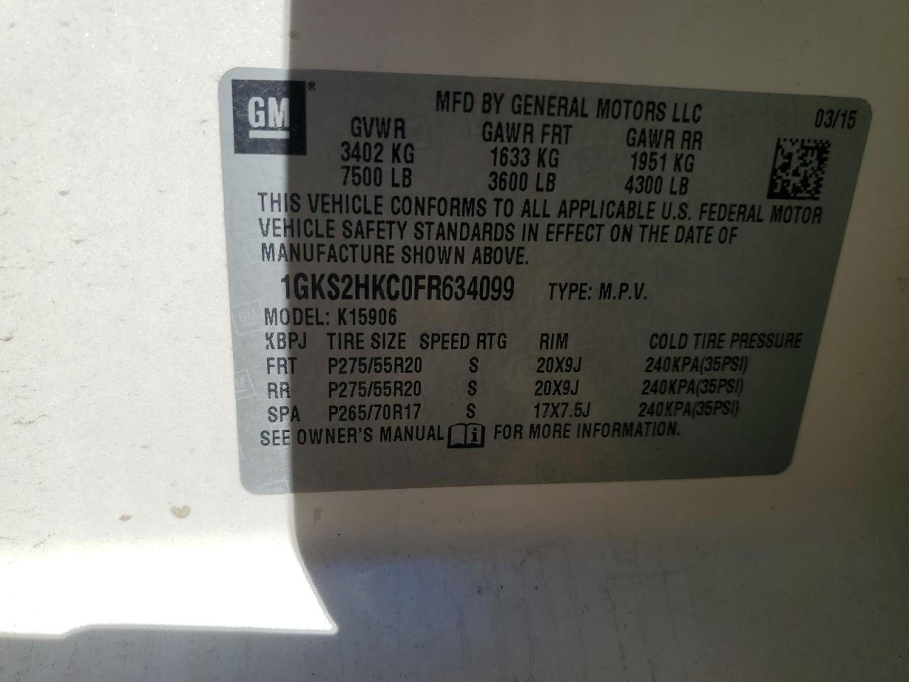 2015 GMC Yukon Xl K1500 Slt VIN: 1GKS2HKC0FR634099 Lot: 89502365