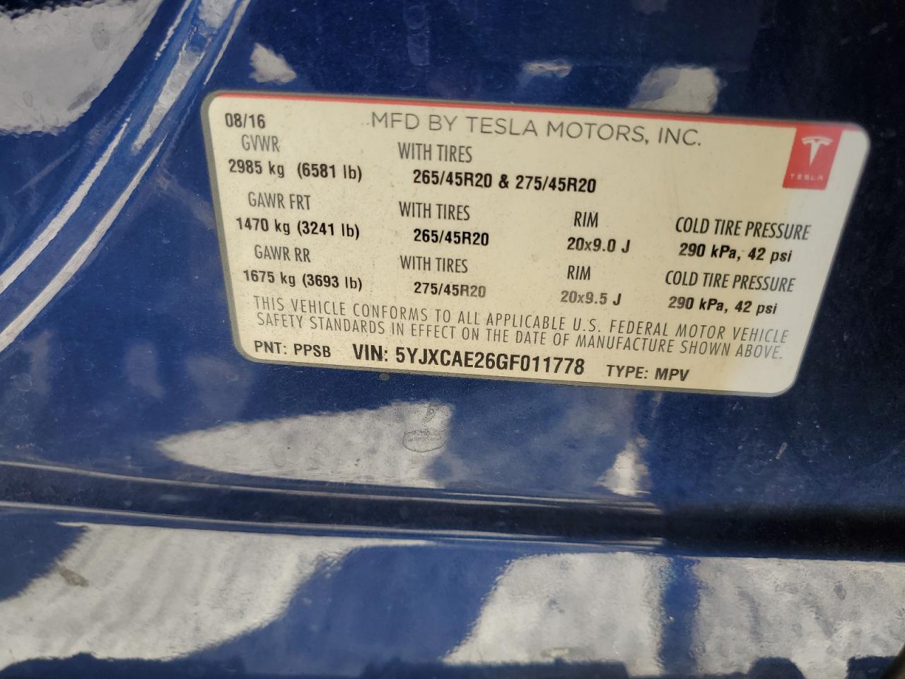 2016 Tesla Model X VIN: 5YJXCAE26GF011778 Lot: 90851955