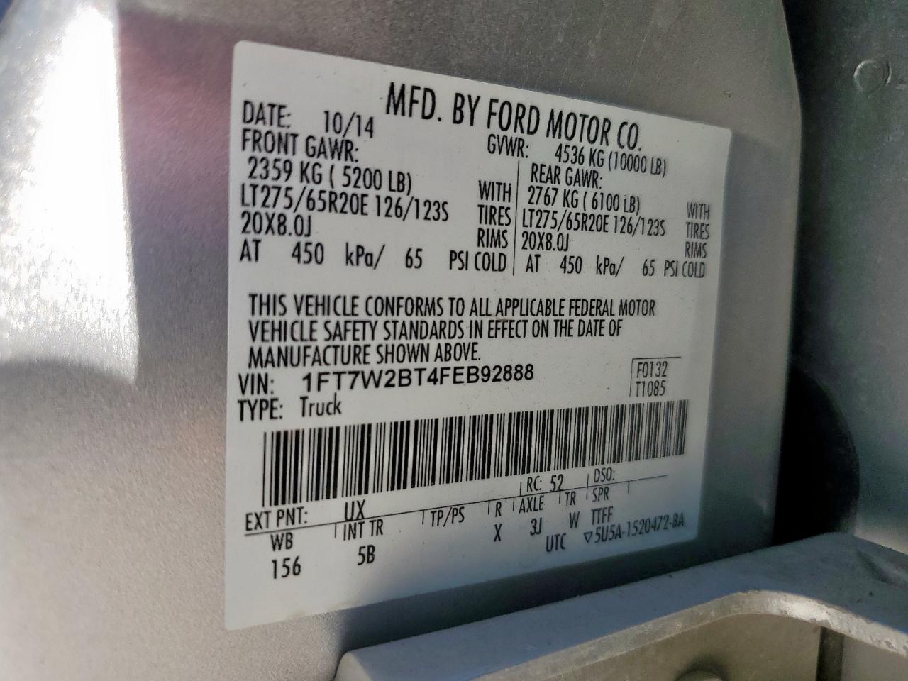 2015 Ford F250 Super Duty VIN: 1FT7W2BT4FEB92888 Lot: 89804275