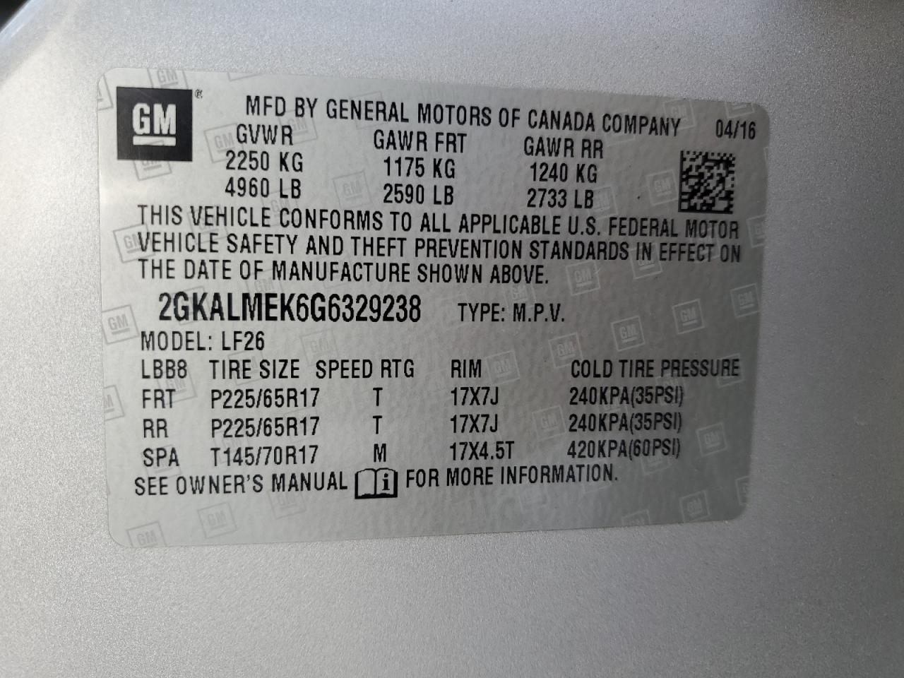 2016 GMC Terrain Sle VIN: 2GKALMEK6G6329238 Lot: 86299625