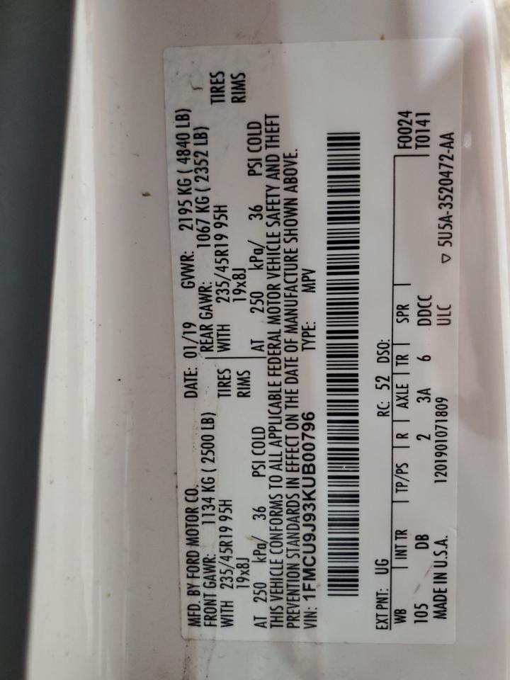 2019 Ford Escape Titanium VIN: 1FMCU9J93KUB00796 Lot: 90331965