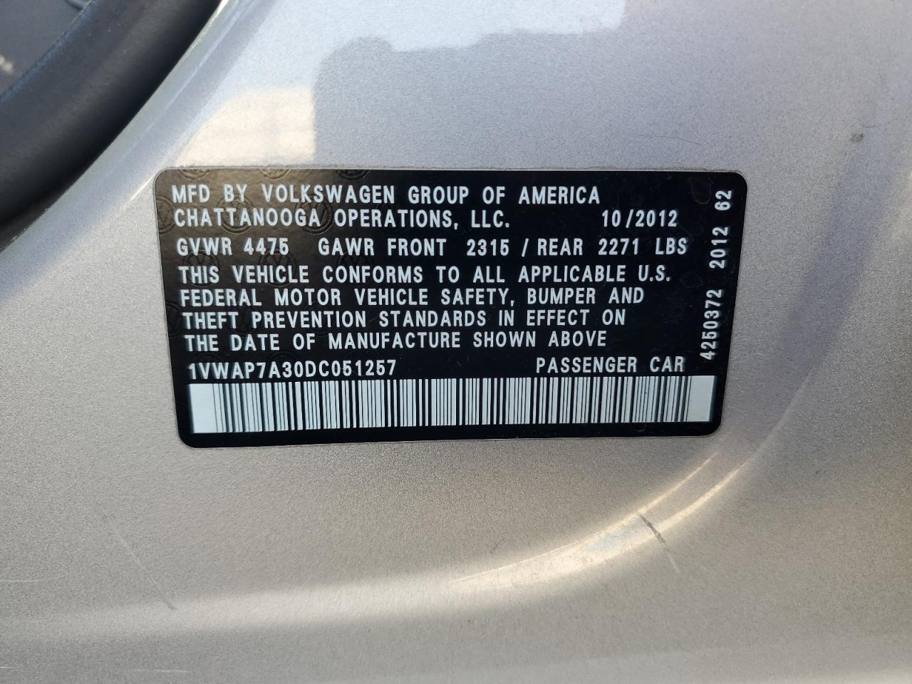 2013 Volkswagen Passat S VIN: 1VWAP7A30DC051257 Lot: 82715485