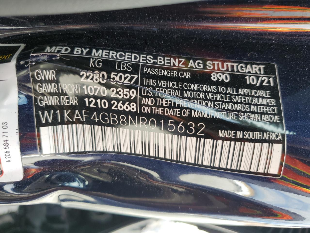 2022 Mercedes-Benz C 300 VIN: W1KAF4GB8NR015632 Lot: 86189895