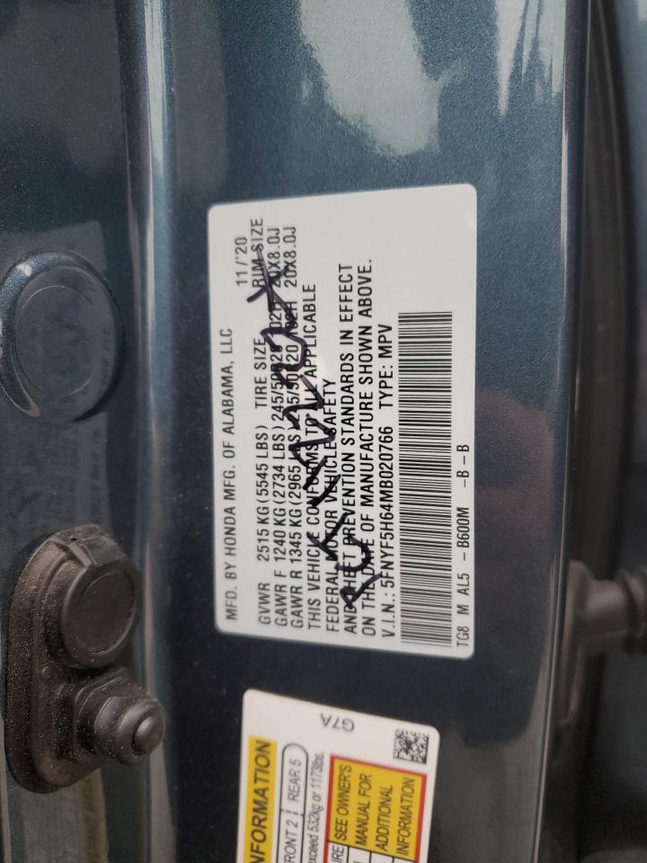 2021 Honda Pilot Touring VIN: 5FNYF5H64MB020766 Lot: 86337935