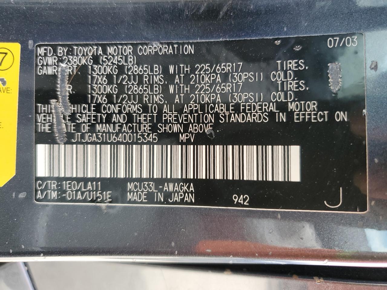 2004 Lexus Rx 330 VIN: JTJGA31U640015345 Lot: 90017835