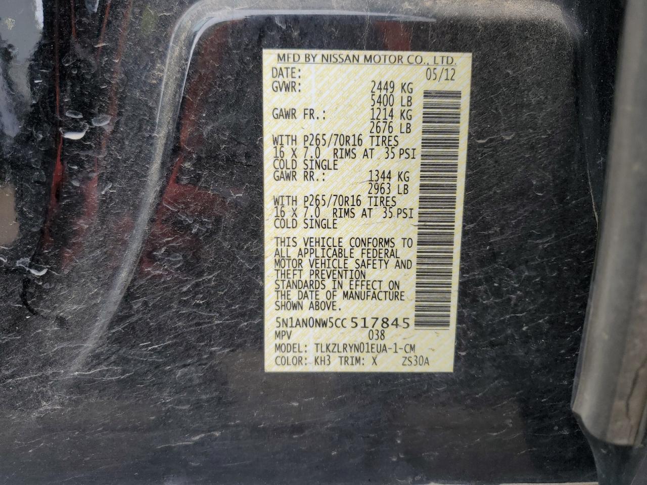 2012 Nissan Xterra Off Road VIN: 5N1AN0NW5CC517845 Lot: 86175085