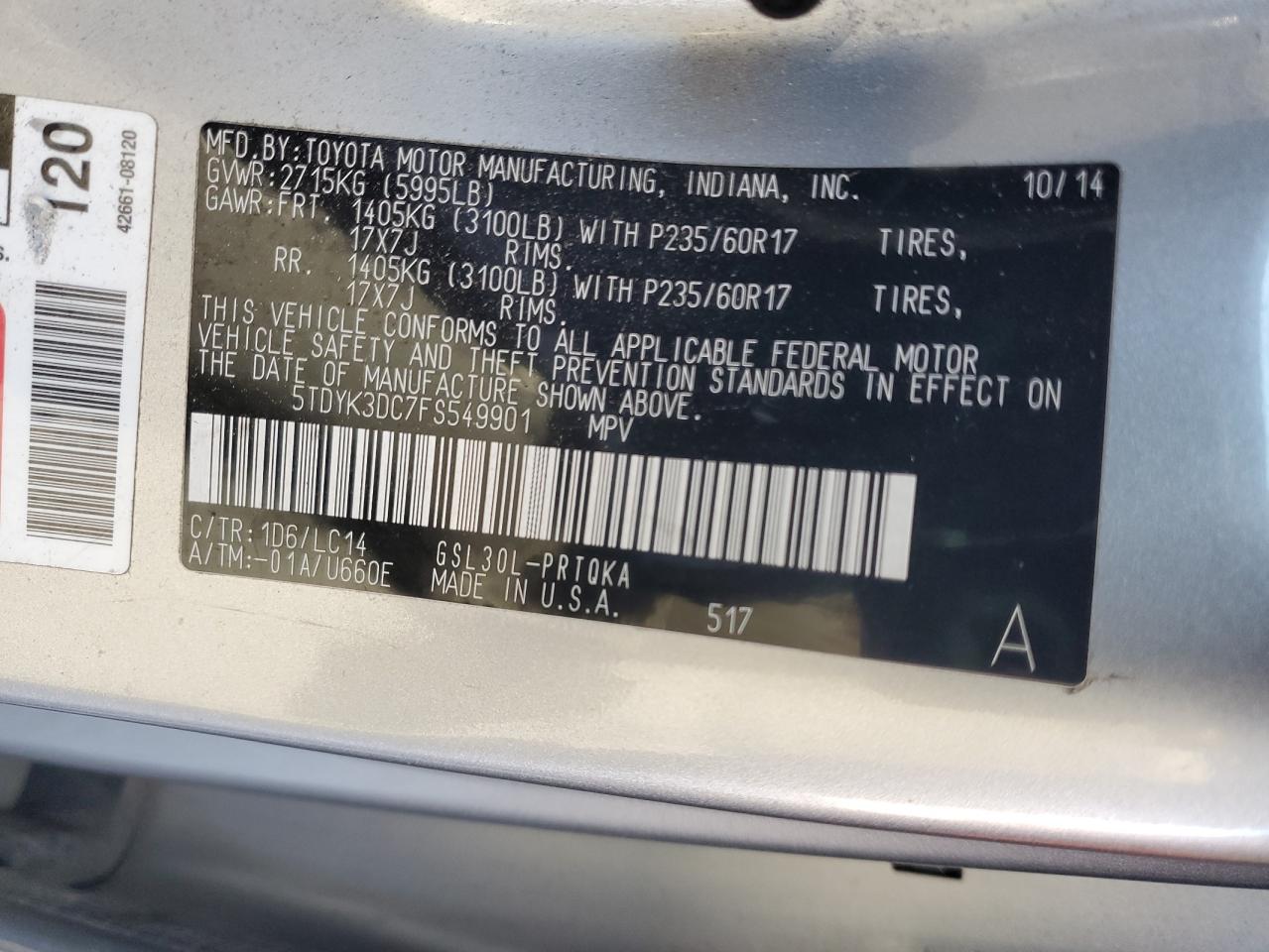 2015 Toyota Sienna Xle VIN: 5TDYK3DC7FS549901 Lot: 82412605