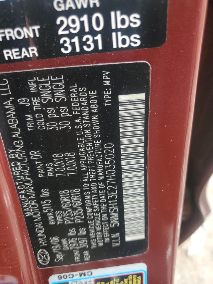 2007 Hyundai Santa Fe Se VIN: 5NMSH13E27H035020 Lot: 86140135