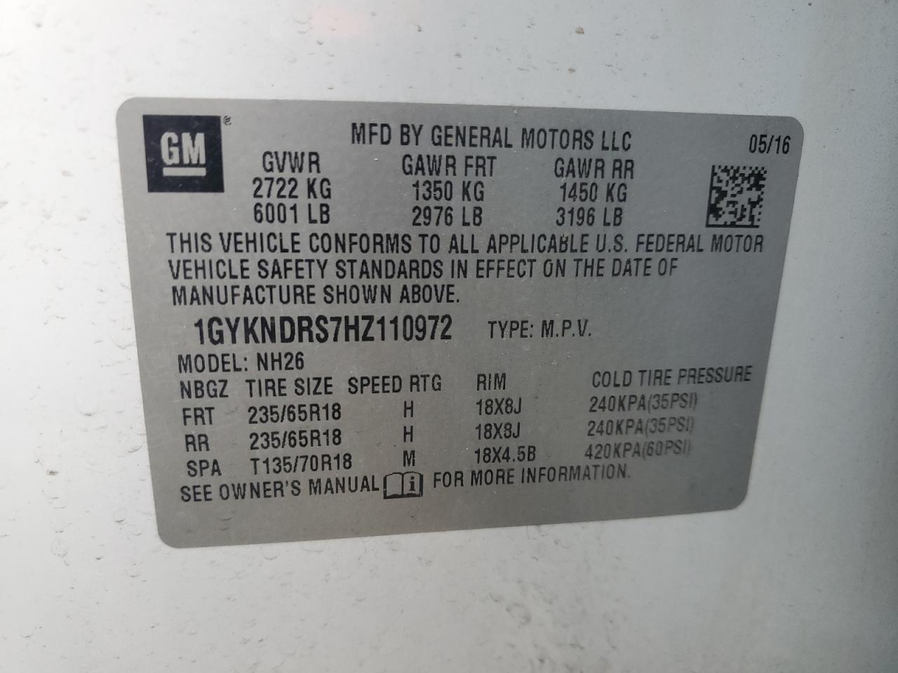 2017 Cadillac Xt5 Luxury VIN: 1GYKNDRS7HZ110972 Lot: 86142035