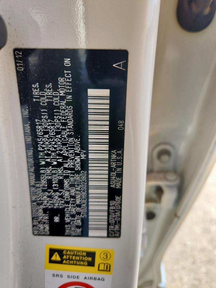 2012 Toyota Highlander Base VIN: 5TDZA3EH9CS023802 Lot: 82269095