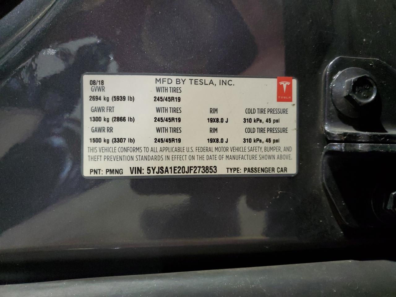 2018 Tesla Model S VIN: 5YJSA1E20JF273853 Lot: 80320815