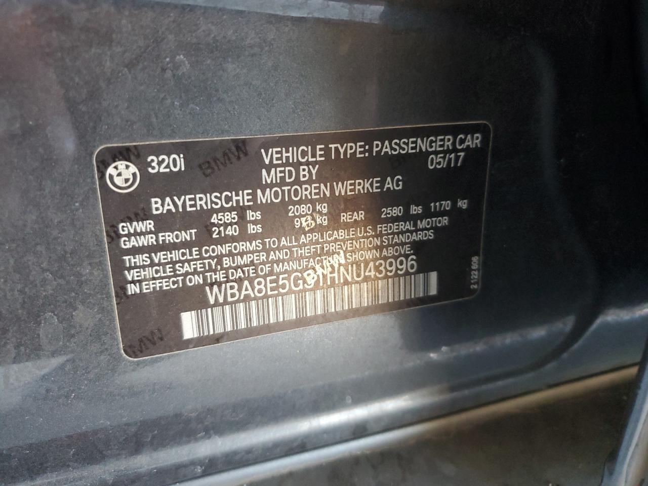 2017 BMW 320 Xi VIN: WBA8E5G31HNU43996 Lot: 82583805