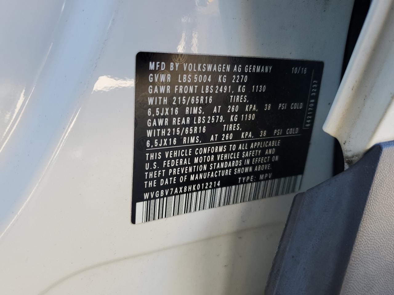 2017 Volkswagen Tiguan S VIN: WVGBV7AX8HK012214 Lot: 86309115