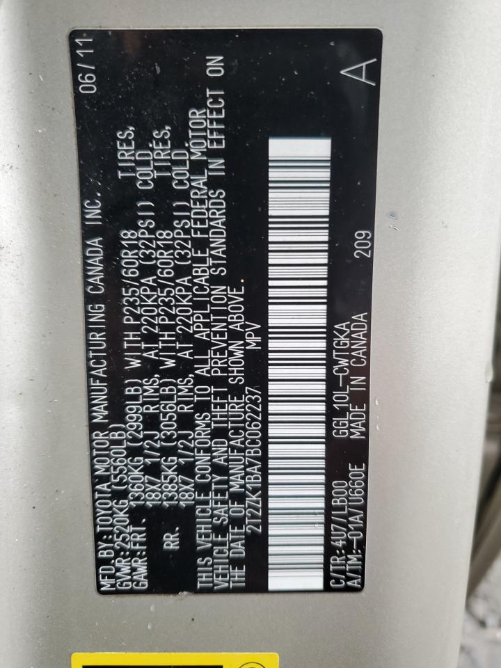 2011 Lexus Rx 350 VIN: 2T2ZK1BA7BC062237 Lot: 87257355