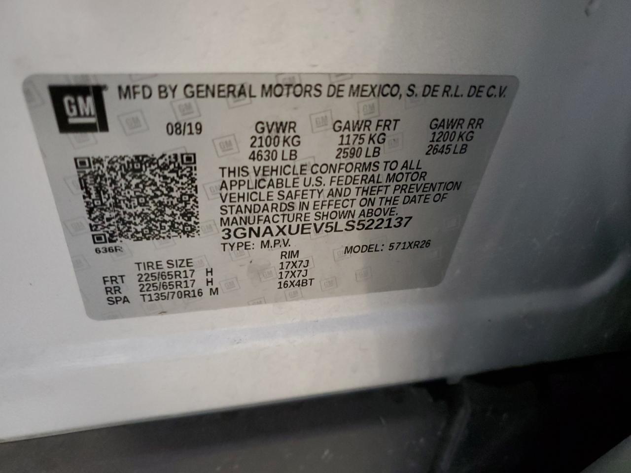 2020 Chevrolet Equinox Lt VIN: 3GNAXUEV5LS522137 Lot: 82214685